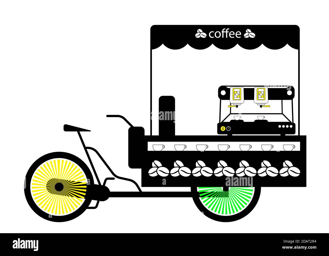 Furgone, bicicletta per la vendita di strada di caffè. Commercio in visita. Illustrazione in uno stile lineare. Vettore isolato su sfondo bianco Illustrazione Vettoriale