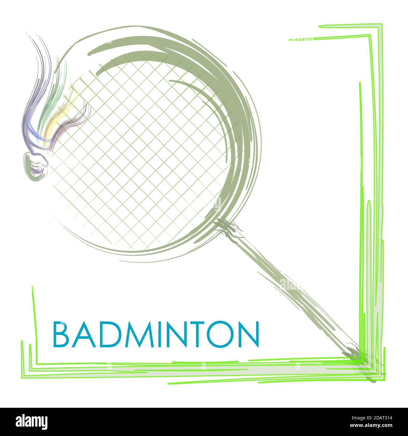 logo del torneo di badminton. Racchetta da tennis e shuttlecock in linee di pittura astratte. Vettore isolato su sfondo bianco Illustrazione Vettoriale