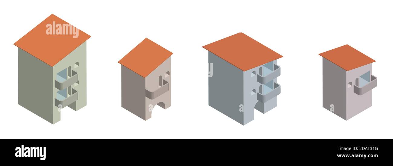 hotel sciistico, set di case isometriche. Vettore isolato su sfondo bianco Illustrazione Vettoriale