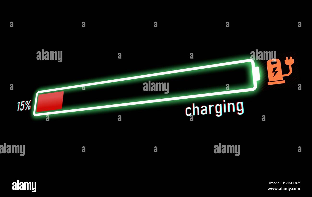 Barra di avanzamento della ricarica elettrica, indicatore della batteria del veicolo elettrico o del telefono che indica un aumento della carica della batteria. L'indicatore della batteria indica che si riempie Foto Stock