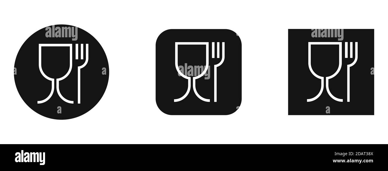 Plastica per alimenti. Segni vettoriali isolati. Materiale sicuro per gli alimenti. Bicchiere di vino e simbolo della forchetta Illustrazione Vettoriale