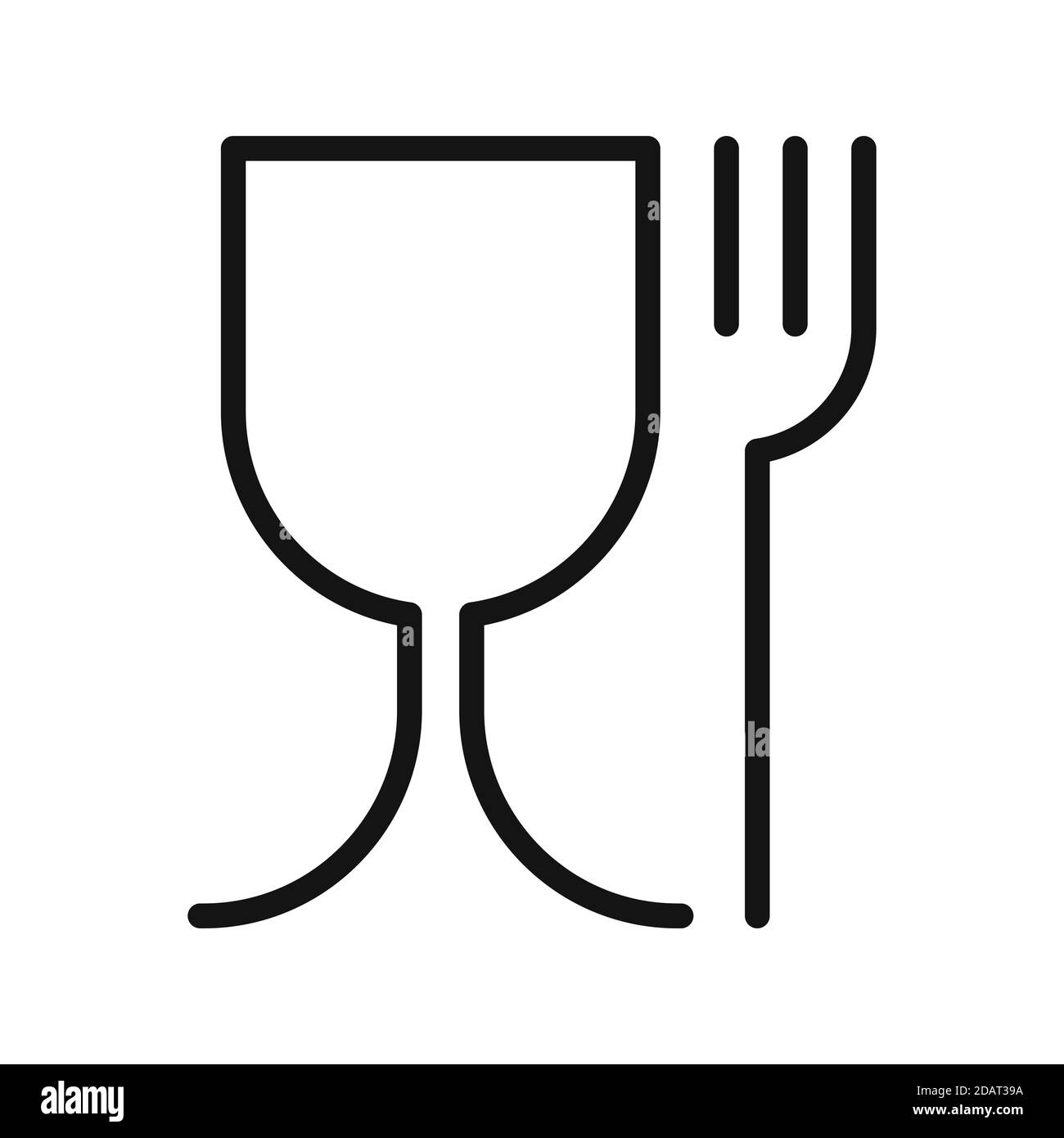 Plastica per alimenti. Segno vettore isolato. Materiale sicuro per gli alimenti. Bicchiere di vino e simbolo della forchetta Illustrazione Vettoriale