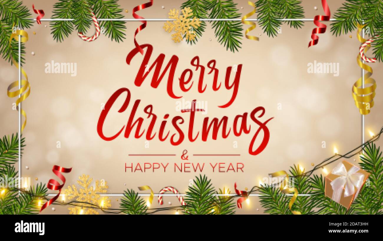 Sfondo di Natale con scritta buon Natale, rami di pino realistico, ghirlande lucenti, scatola di regali, caramella, serpentina, fiocco di neve d'oro glitter. Illustrazione Vettoriale