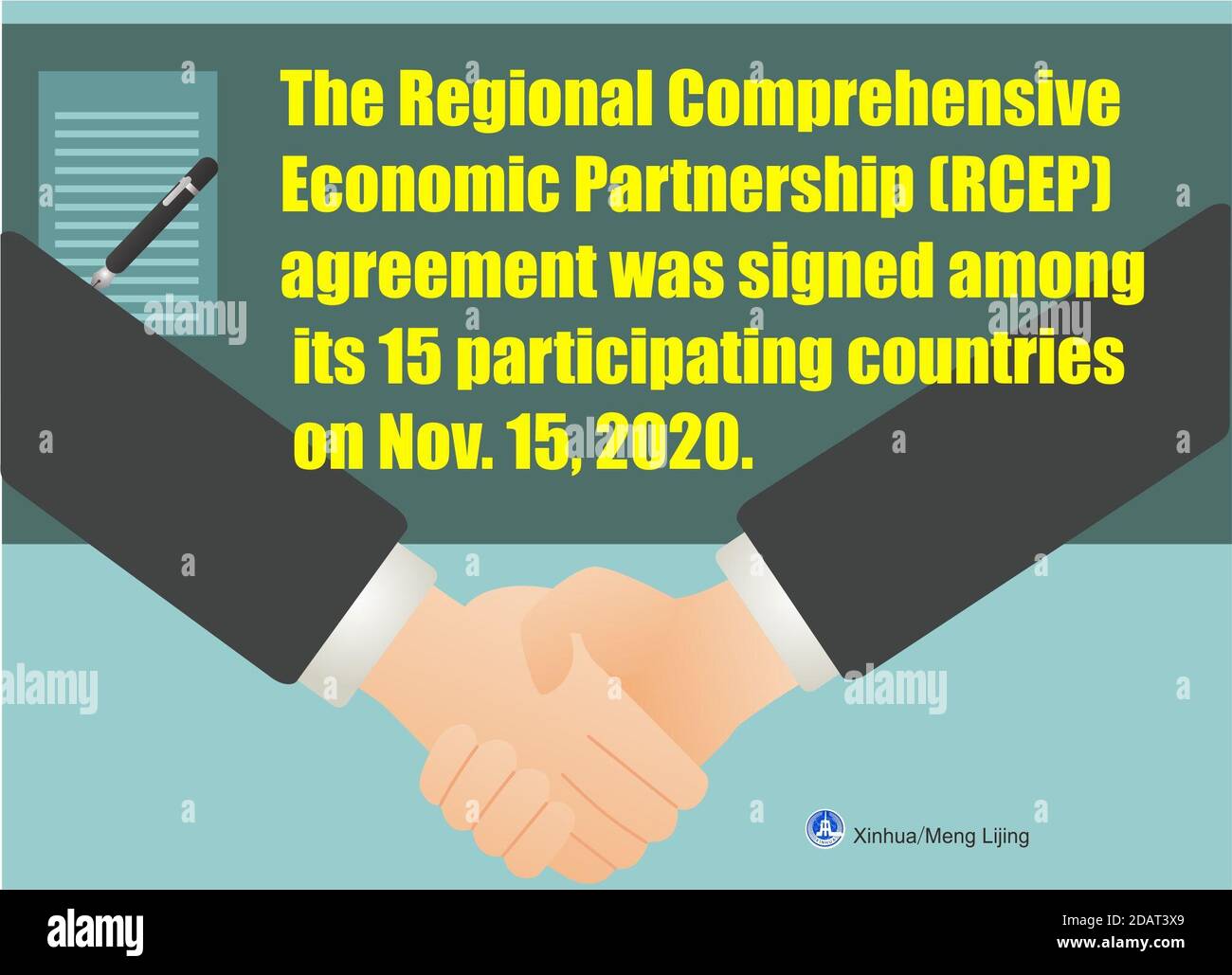 (201115) -- PECHINO, 15 novembre 2020 (Xinhua) -- l'accordo di partenariato economico globale regionale (RCEP) è stato firmato tra i suoi 15 paesi partecipanti il 15 novembre 2020, lanciando il più grande blocco di libero scambio del mondo. Xinhua/Meng Lijing) Foto Stock