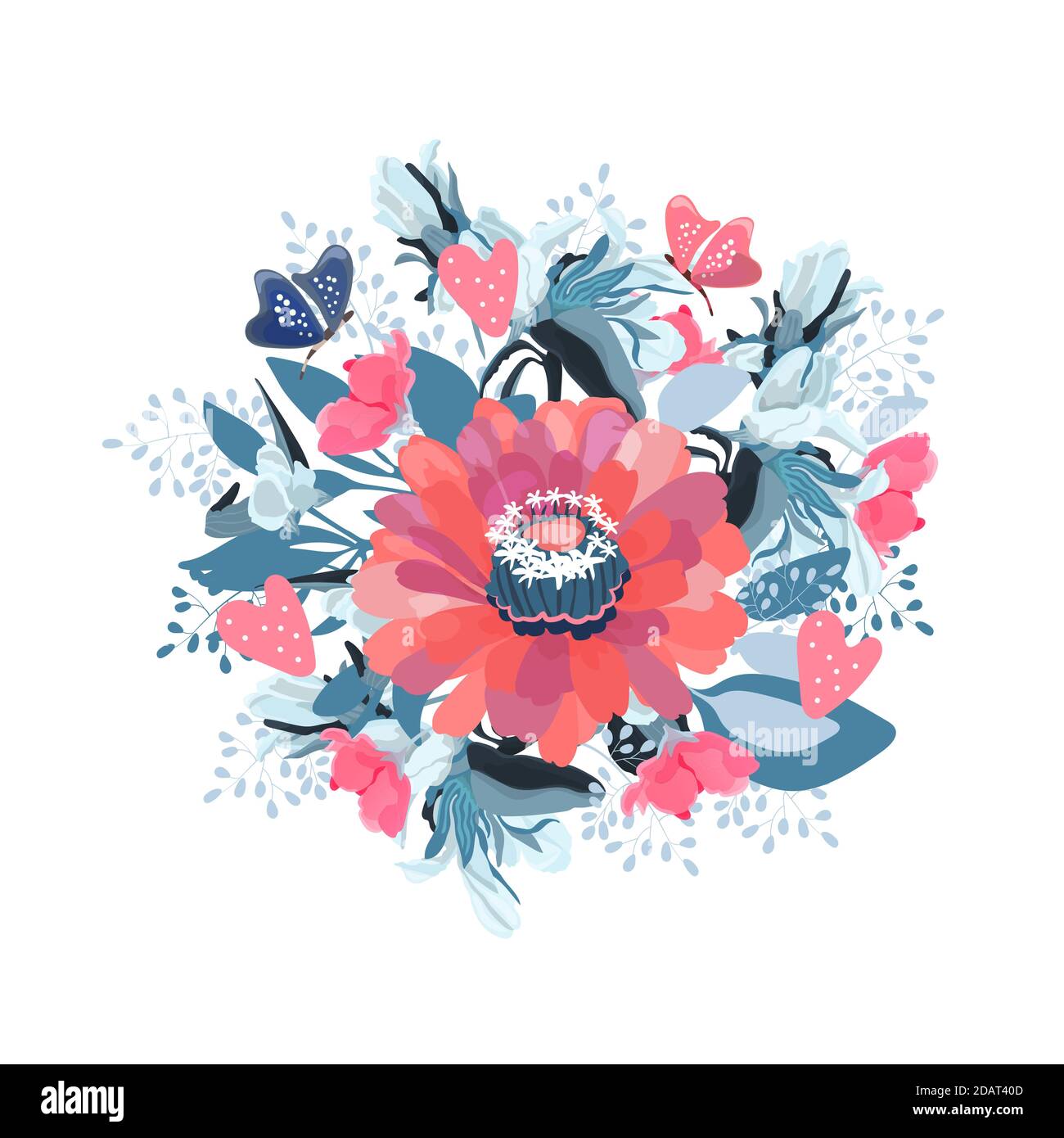 Bouquet vettoriale di fiori con farfalle e cuori. Zinnia rosa con foglie blu. Illustrazione Vettoriale