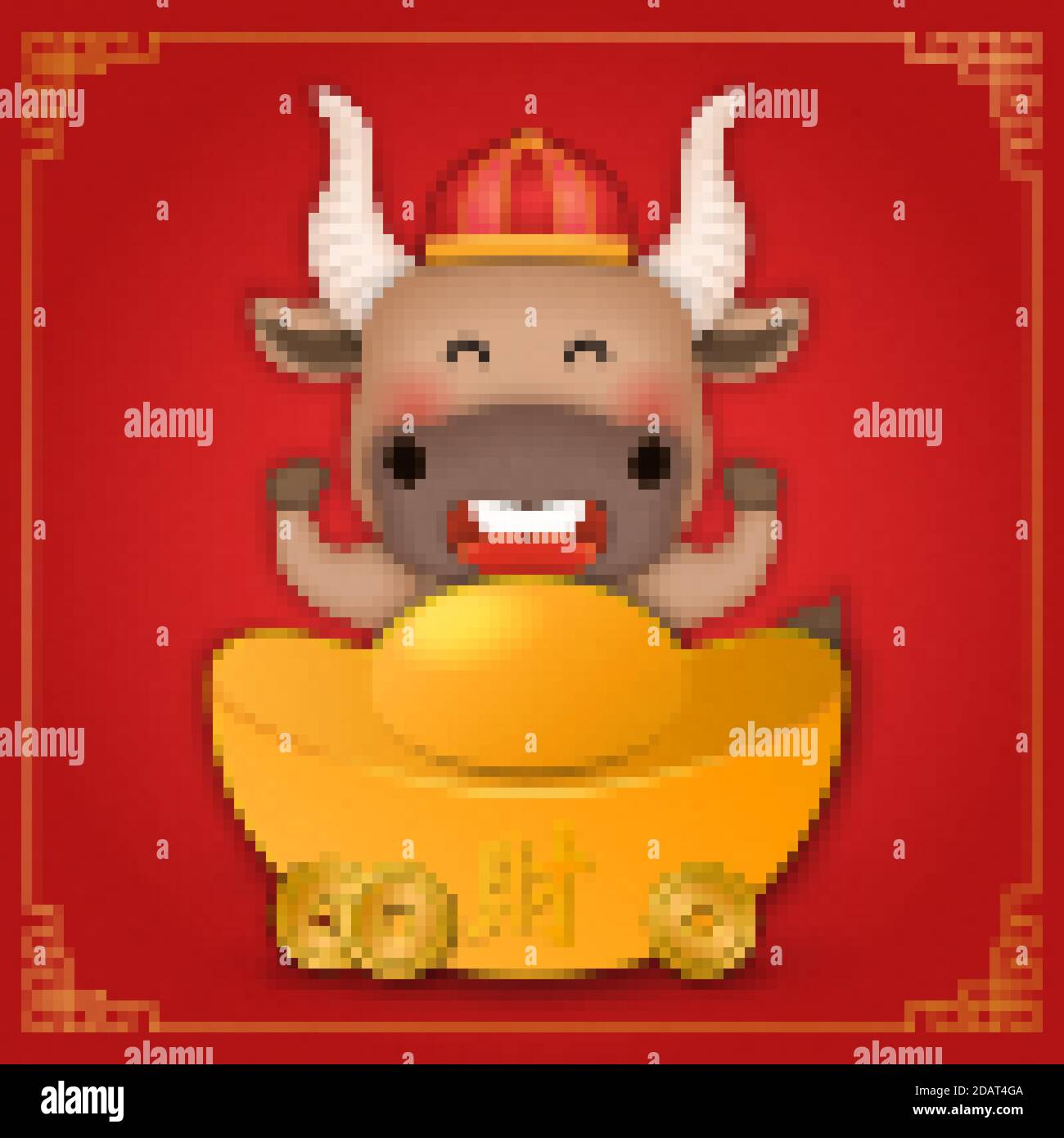 2021 nuovo anno cinese di carino bue cartoon e lingotto d'oro. Traduzione cinese : Tesoro. Illustrazione Vettoriale