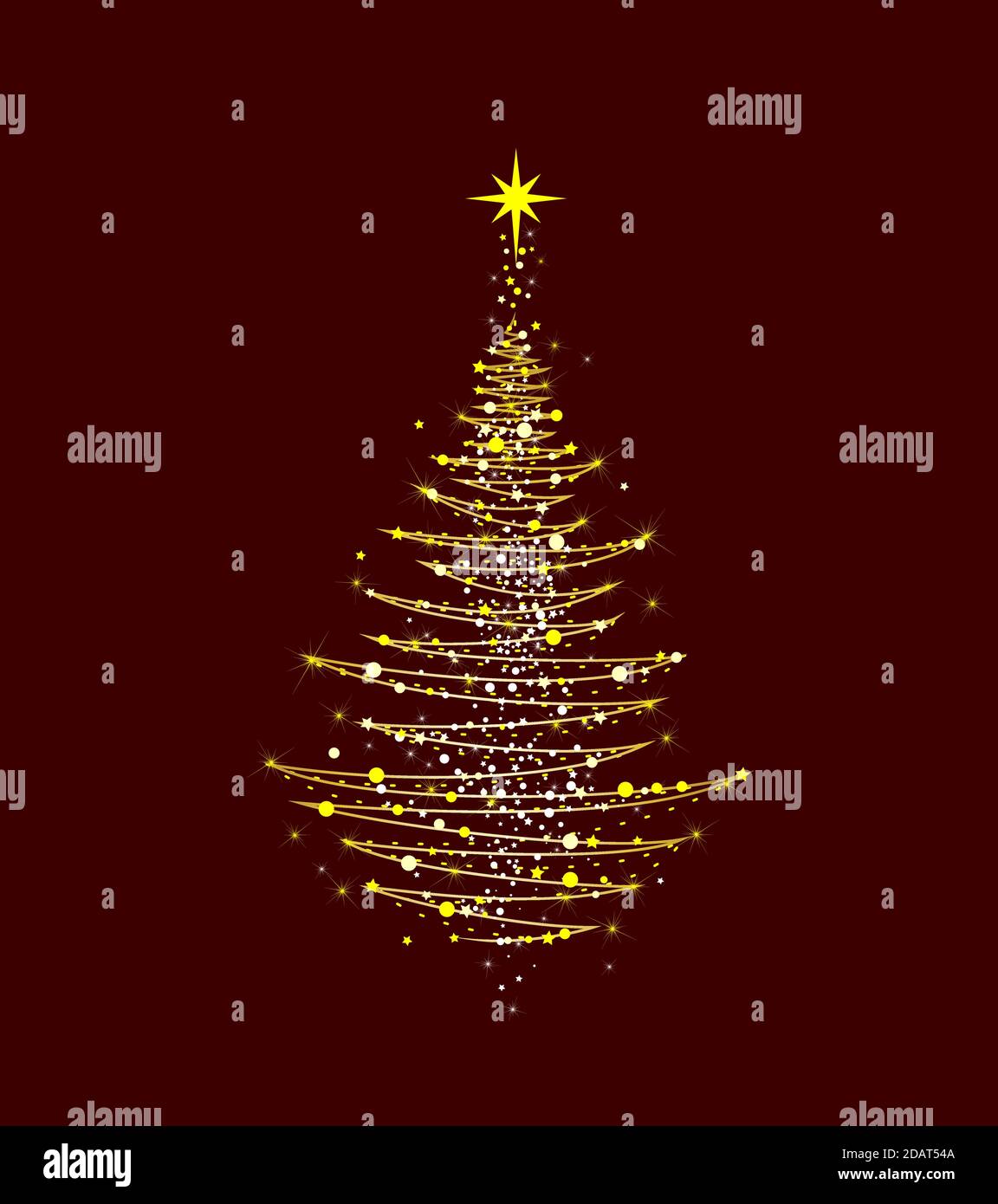 Albero di Natale con una stella su sfondo rosso scuro. Albero di Natale astratto per le schede per Natale. Illustrazione Vettoriale