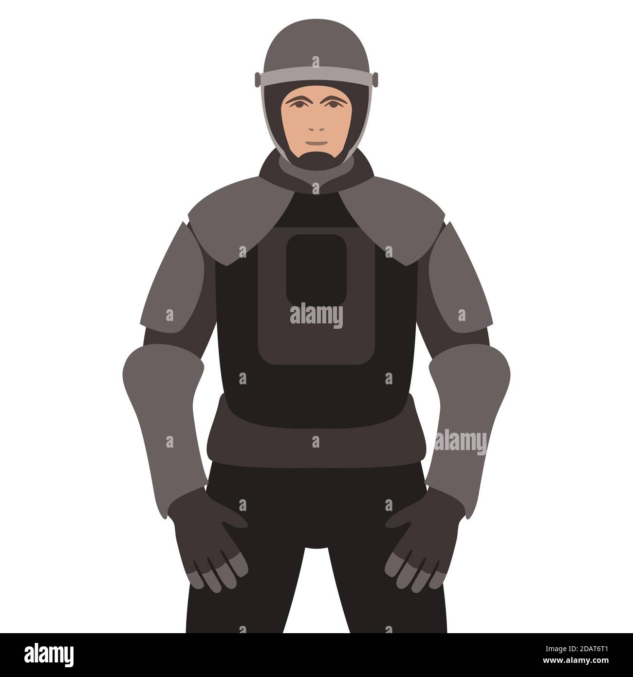 Polizia in armatura, illustrazione vettoriale, stile piatto, vista frontale Foto Stock