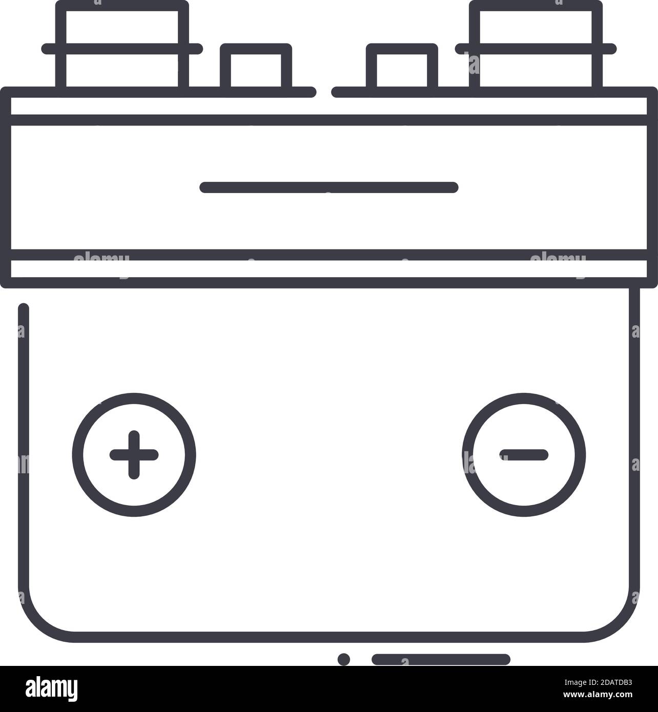 Icona della batteria dell'auto, illustrazione isolata lineare, vettore a linee sottili, segno di disegno web, simbolo del concetto di contorno con tratto modificabile su sfondo bianco. Illustrazione Vettoriale