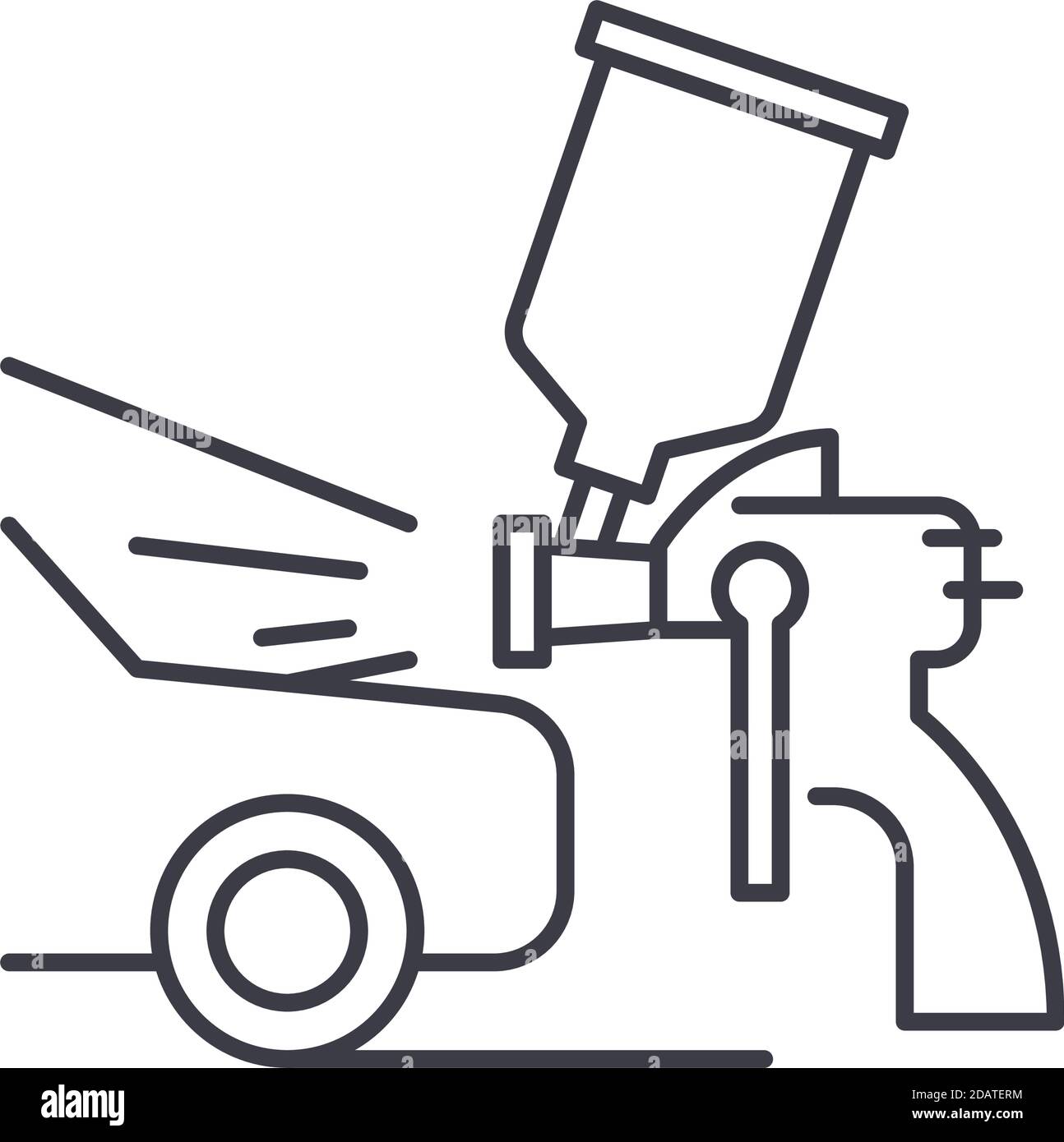 Icona del concetto di lavoro di pittura di automobile, illustrazione isolata lineare, vettore di linea sottile, segno di disegno di fotoricettore, simbolo del concetto di contorno con tratto modificabile su bianco Illustrazione Vettoriale