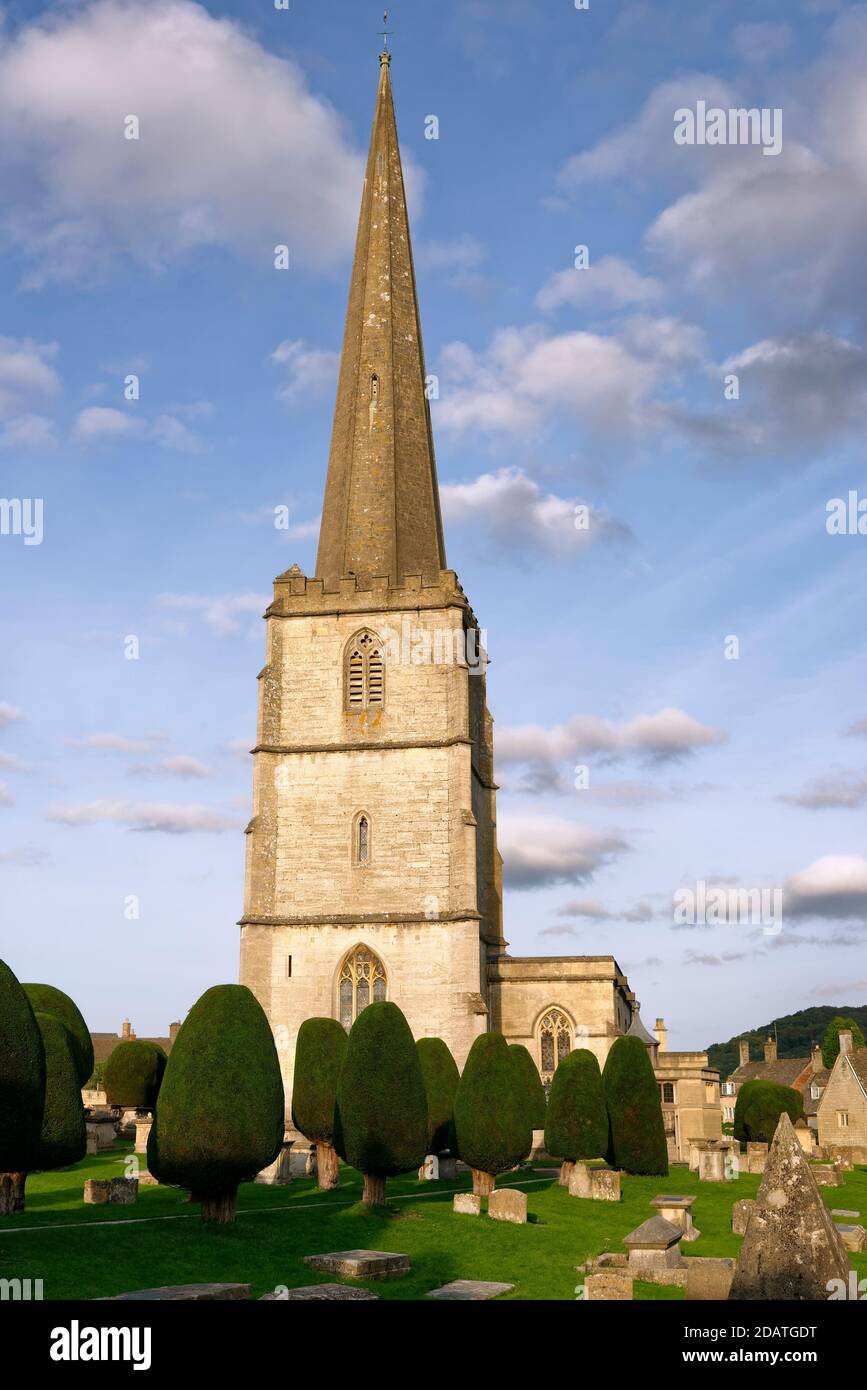 Yew alberi e la chiesa di Santa Maria, Painswick, Gloucestershire Foto Stock