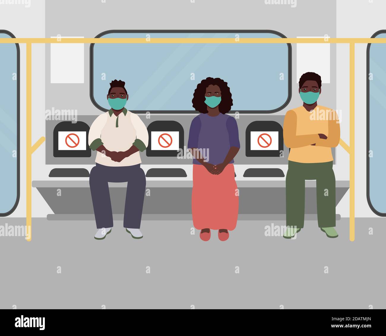 persone in maschere mediche seduti in metropolitana a distanza di sicurezza, il concetto di distanza sociale. flat vettore illustrazione Illustrazione Vettoriale