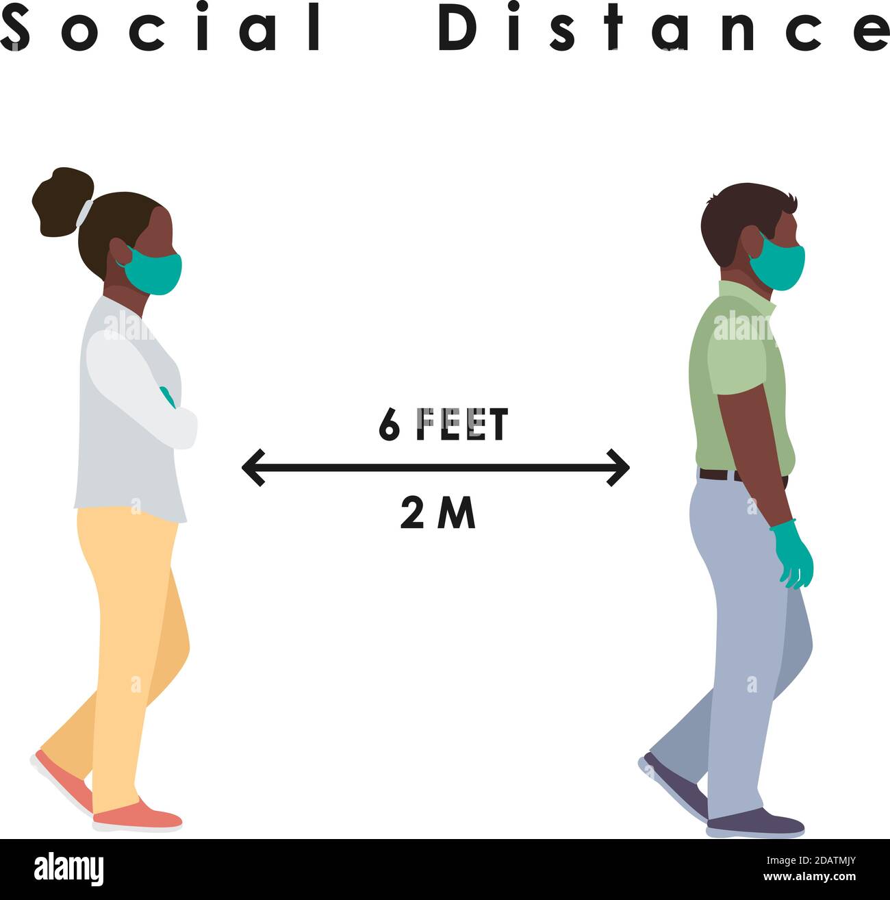 distanza sociale. Persone nere malate di lunghezza intera in maschere mediche e guanti in piedi a una distanza di sicurezza di 2 metri o 6 piedi. Illustrazione vettoriale piatta Illustrazione Vettoriale