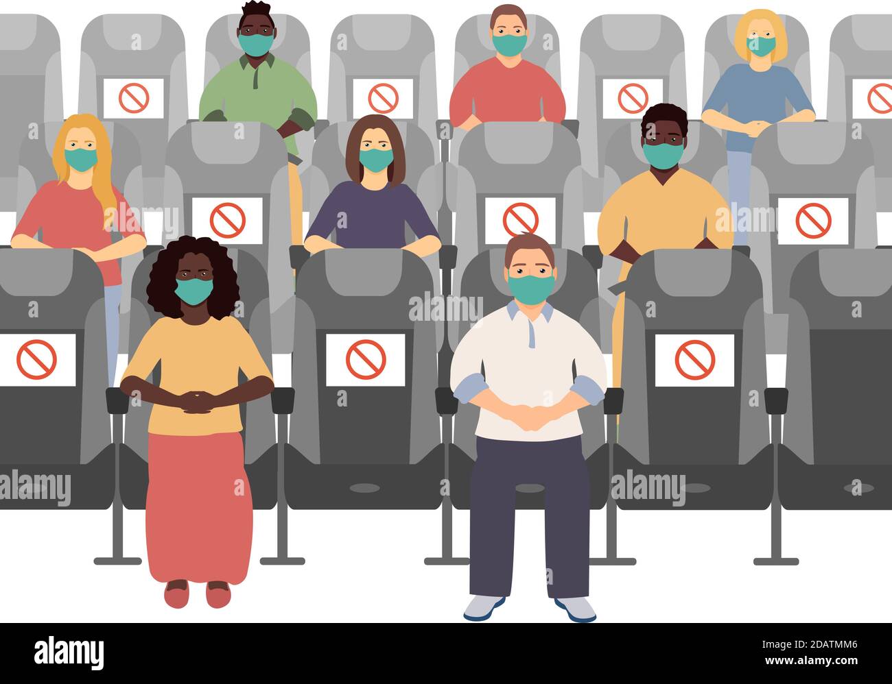 Distanza sociale nel cinema. Le persone mantengono la distanza, si siedono attraverso un cartello di divieto sedia, al sicuro. Illustrazione vettoriale Illustrazione Vettoriale