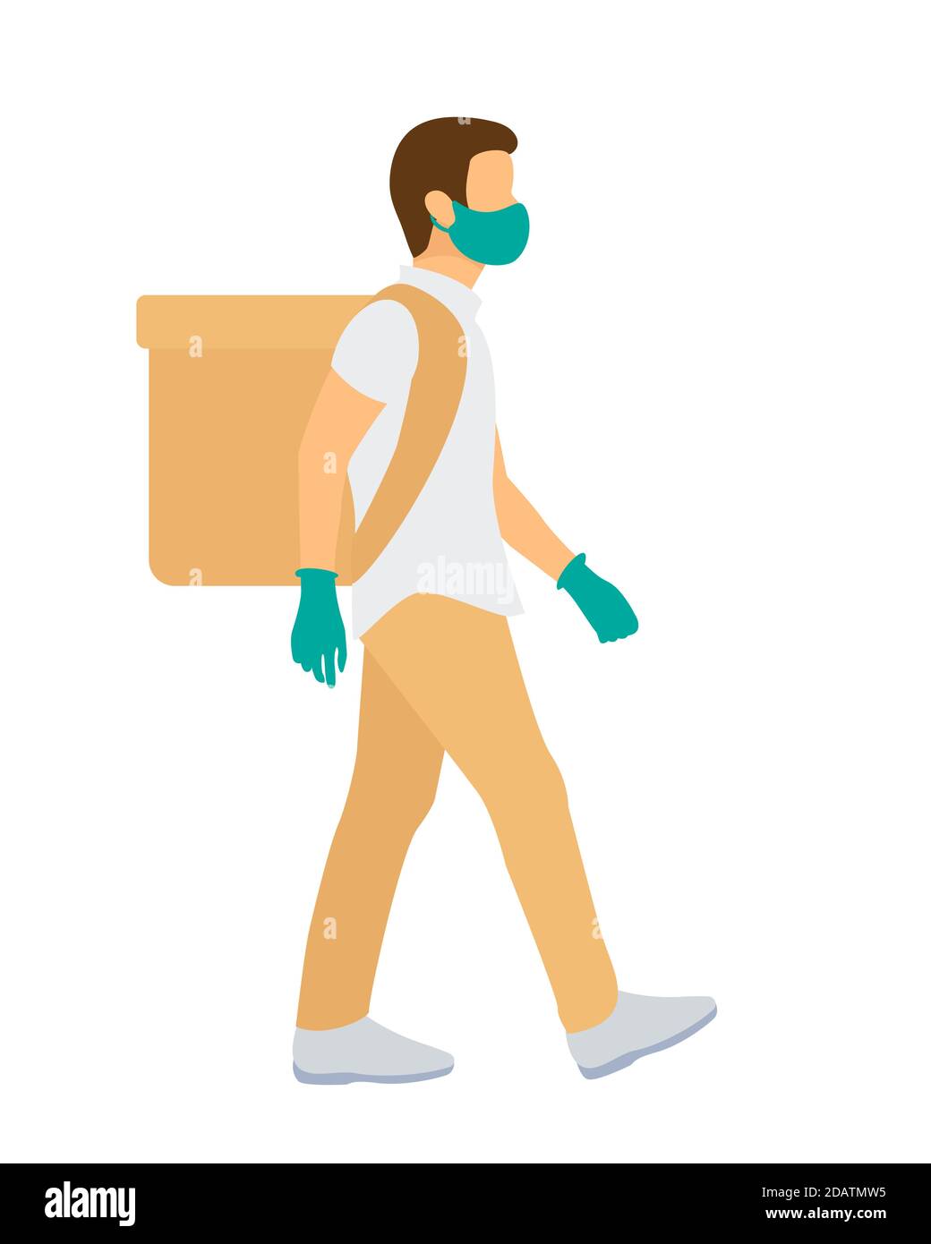 uomo per la consegna di alimenti in maschera medica e guanti con zaino a tutta lunghezza vista laterale, immagine vettoriale piatta Illustrazione Vettoriale
