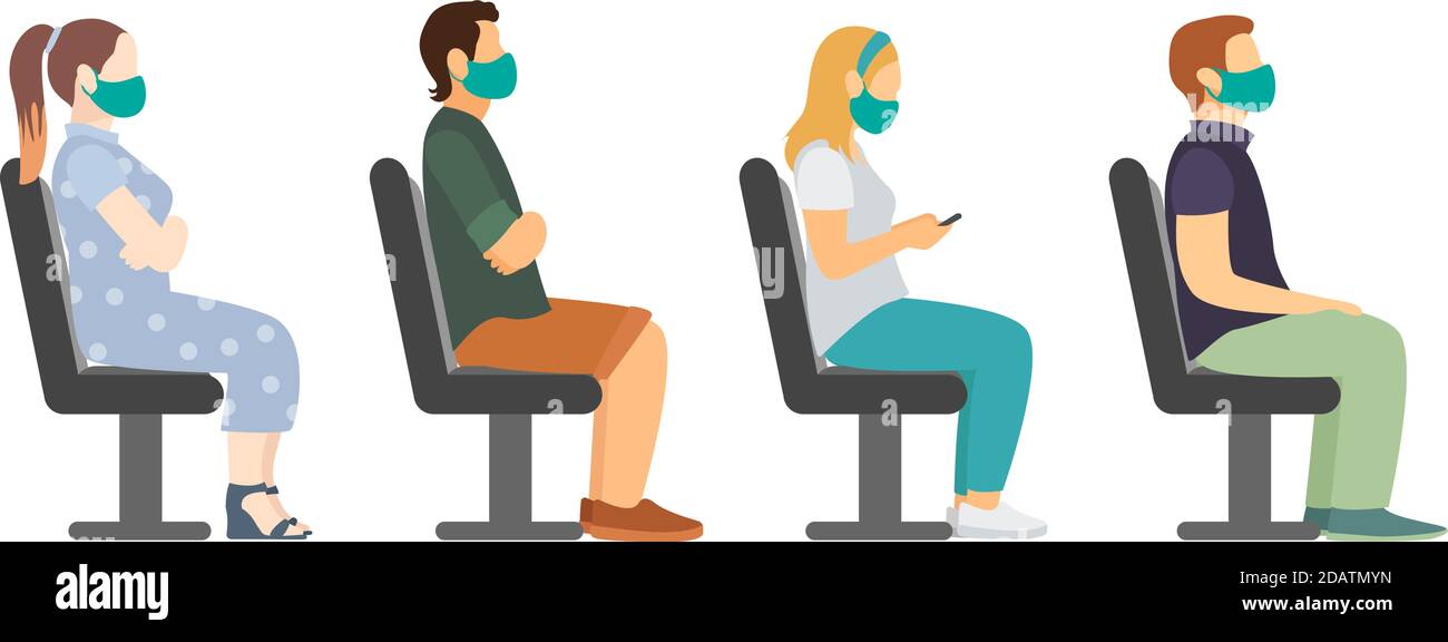 vista laterale dei posti a sedere dell'autobus. uomo e donna in maschera facciale. illustrazione vettoriale Illustrazione Vettoriale