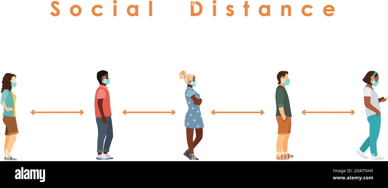 distanza sociale. Persone ammalate di lunghezza intera in maschere mediche in linea contro ad una distanza di sicurezza di 2 metri o 6 piedi. illustrazione vettoriale piatta Illustrazione Vettoriale