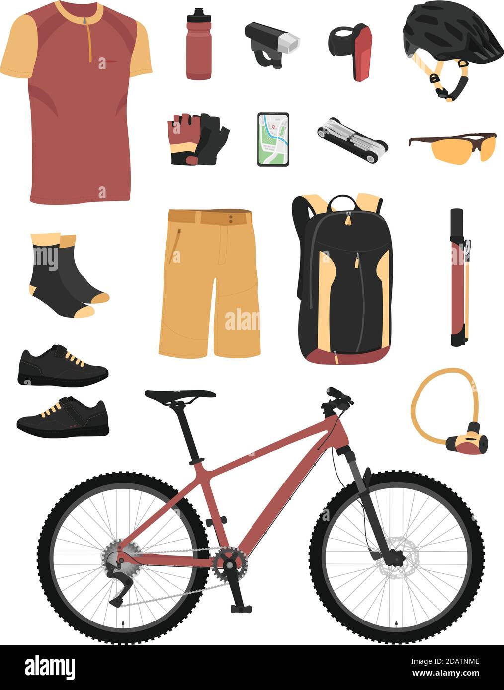 accessori e attrezzature per mountain bike. illustrazione vettoriale a colori Illustrazione Vettoriale