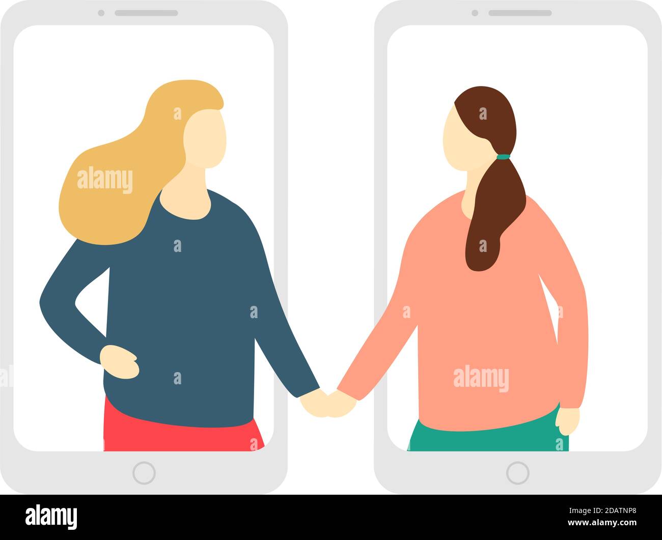 due donne escono dagli schermi degli smartphone e. tenere le mani Illustrazione Vettoriale