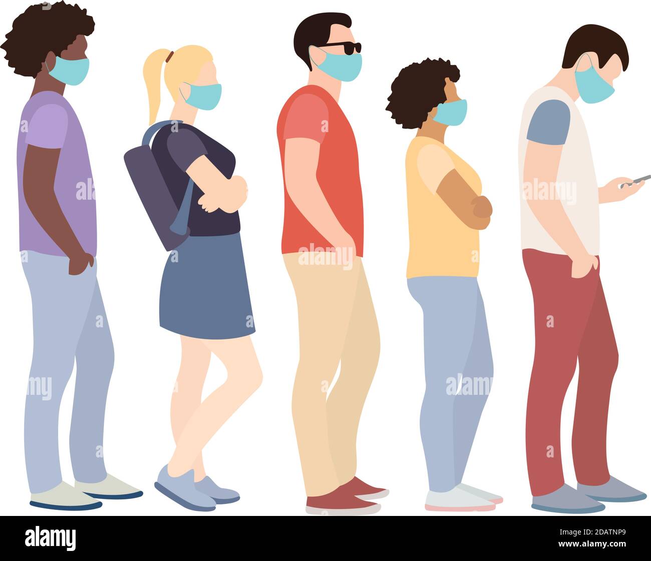 Tutta la lunghezza dei cartoni animati malati in maschere mediche in piedi in linea su sfondo bianco Illustrazione Vettoriale