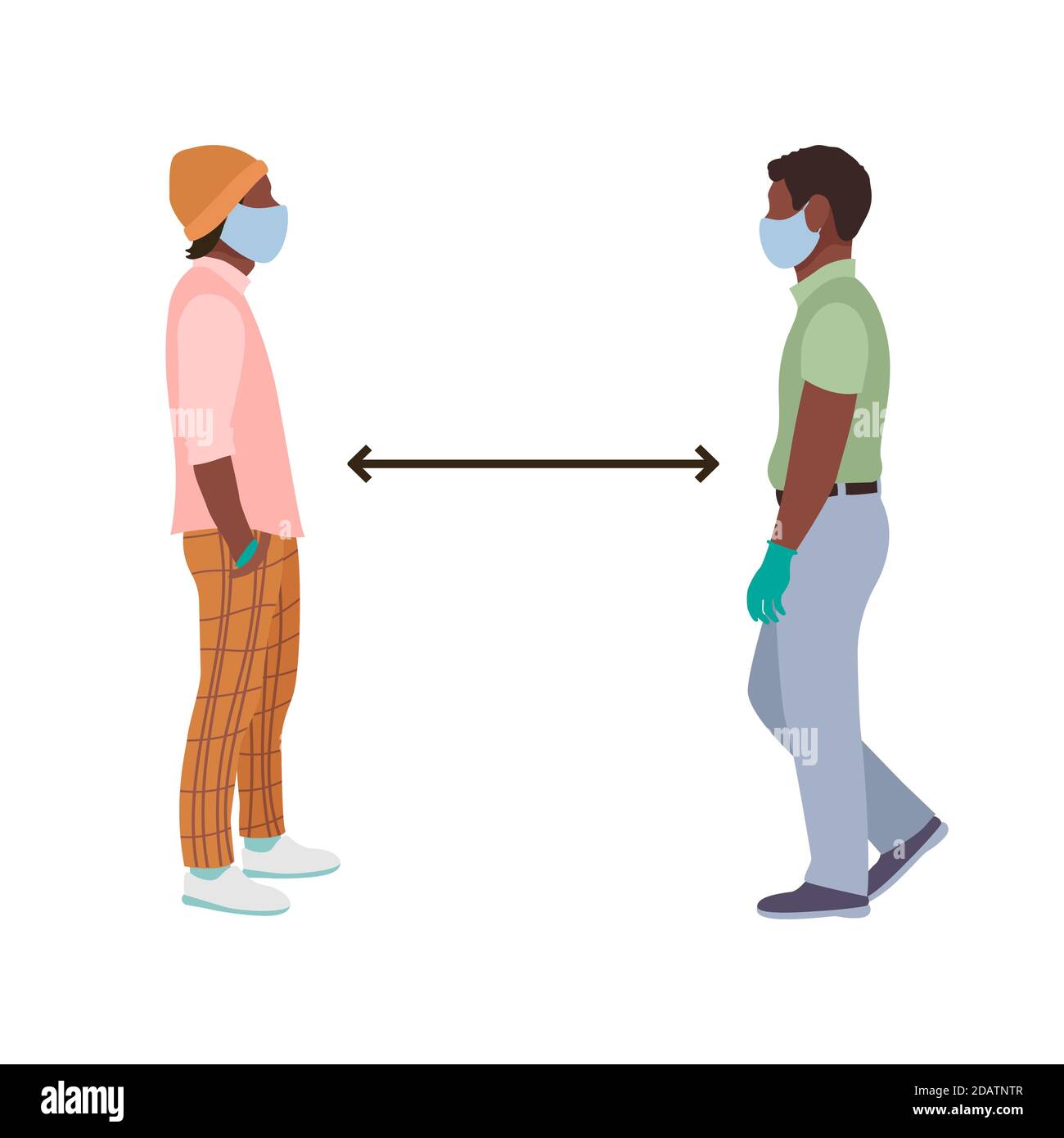 Distanza sociale due uomini afroamericani neri che indossano maschere mediche e guanti si trovano di fronte a una piena altezza. immagine vettoriale piatta Illustrazione Vettoriale