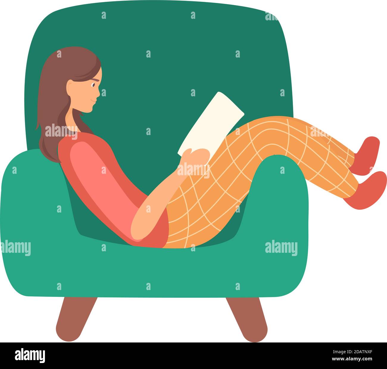 giovane donna ragazza seduta su una poltrona in abiti a casa sta leggendo un libro. cosa fare in quarantena. vettore piatto illustrazione cartoon Illustrazione Vettoriale