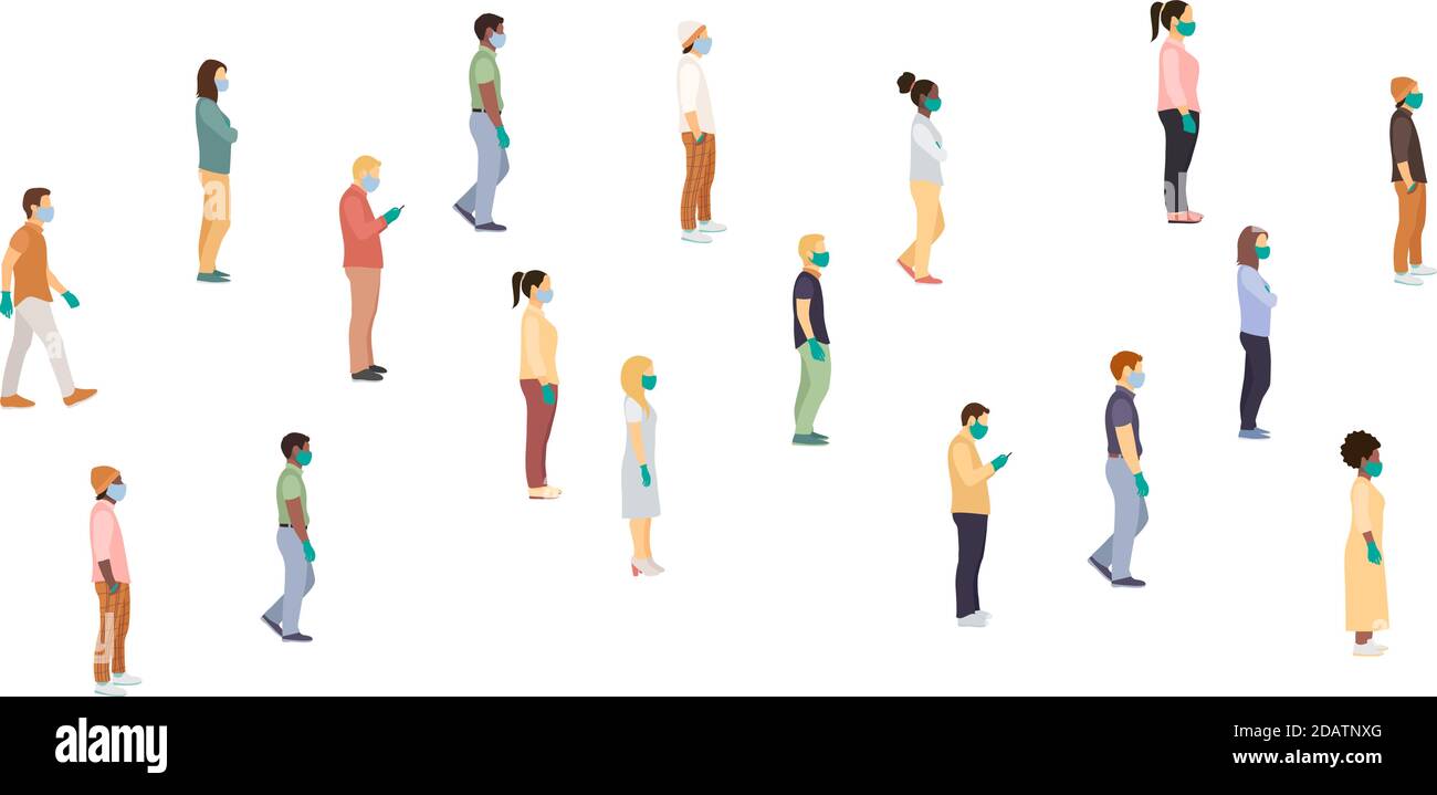 Una folla di uomini e donne mascherati e malavidi di medicina cammina su una distanza sociale sicura, afroamericani ed europei. Illustrazione Vettoriale