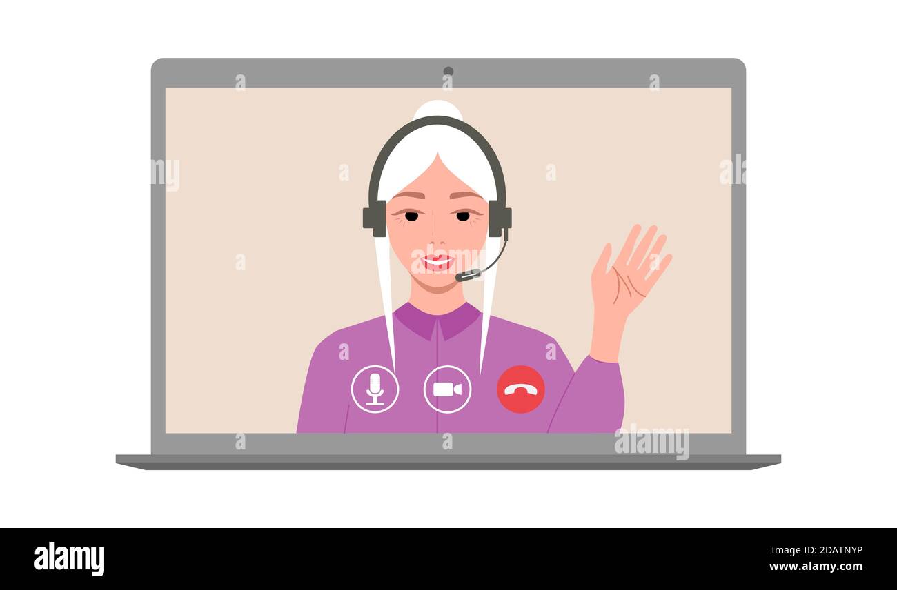 Call center. Una donna sorridente in cuffia con microfono parla tramite collegamento video. Incontro virtuale con i colleghi. Riunione online remota. Quarantena Illustrazione Vettoriale