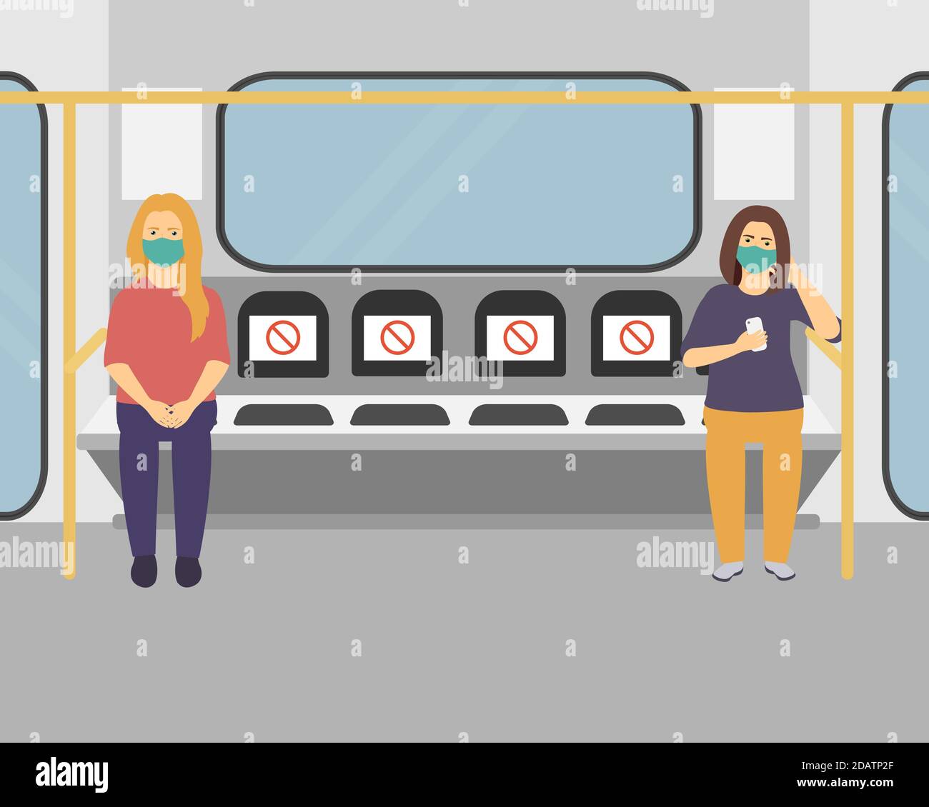 persone in maschere mediche seduti in metropolitana a distanza di sicurezza, il concetto di distanza sociale. flat vettore illustrazione Illustrazione Vettoriale