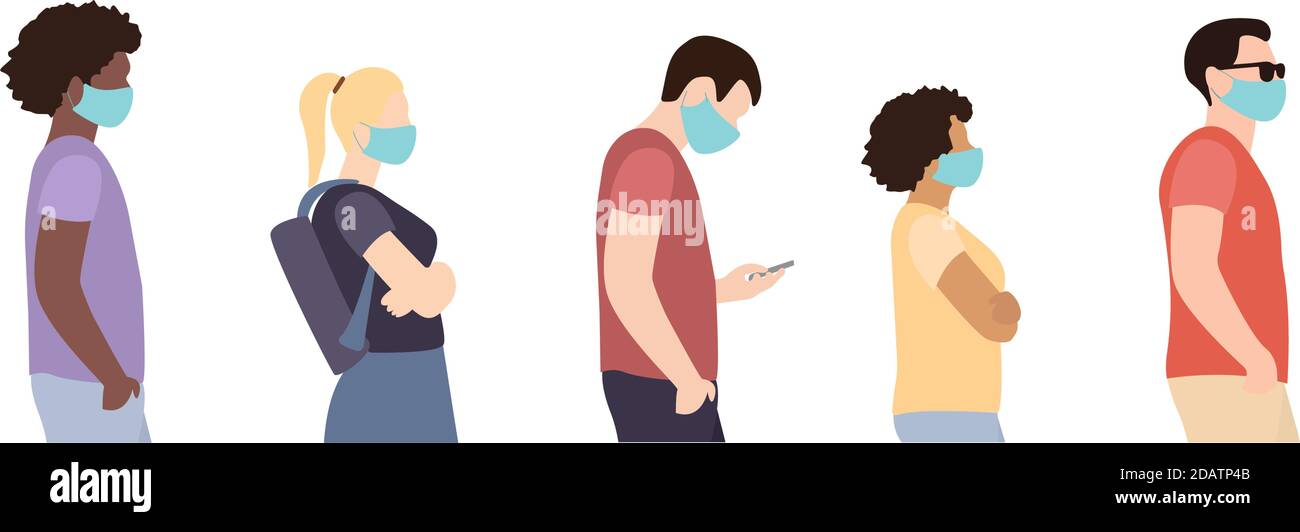 Tutta la lunghezza dei cartoni animati malati in maschere mediche in piedi in linea su sfondo bianco Illustrazione Vettoriale