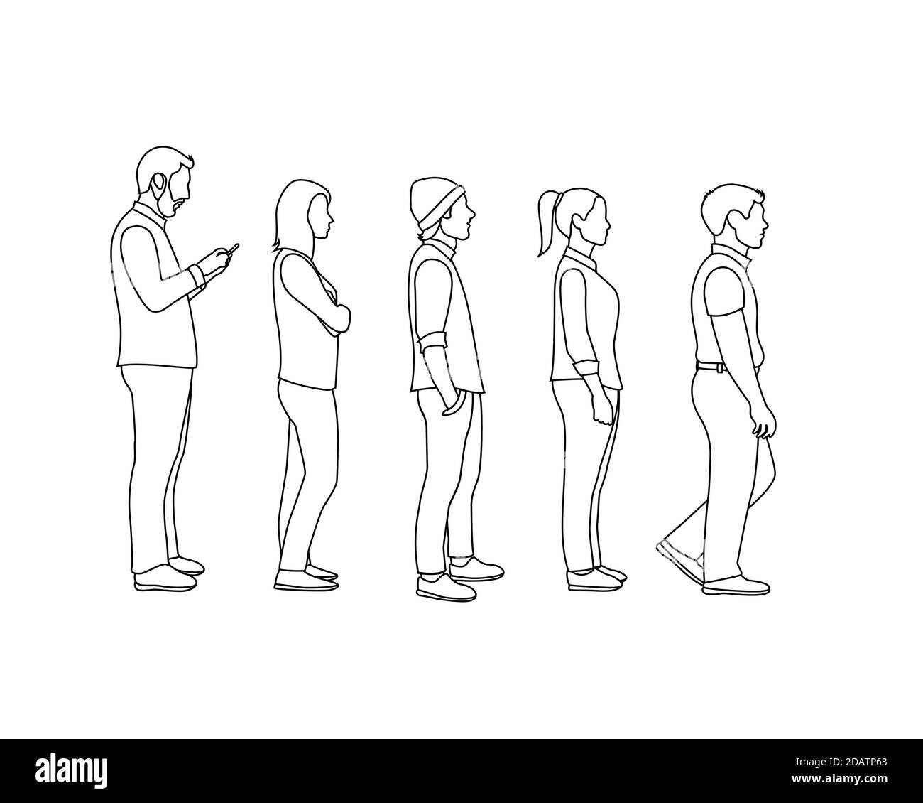 profilo uomini e donne coda, uno dopo l'altro lato vista completa Illustrazione Vettoriale