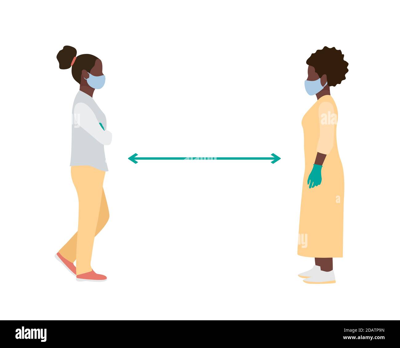 Distanza sociale due donne afroamericane nere che indossano maschere mediche e guanti si trovano di fronte a una piena altezza. immagine vettoriale piatta Illustrazione Vettoriale