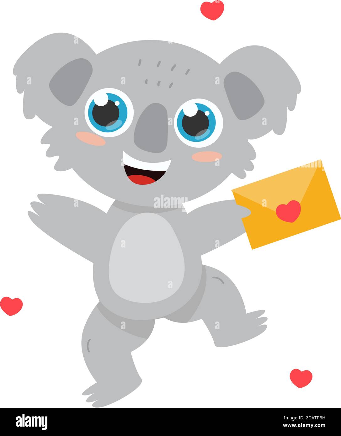 Carino allegro koala australiano tenendo una lettera con un cuore, festa San Valentino. cartoon piatto vettore illustrazione Illustrazione Vettoriale