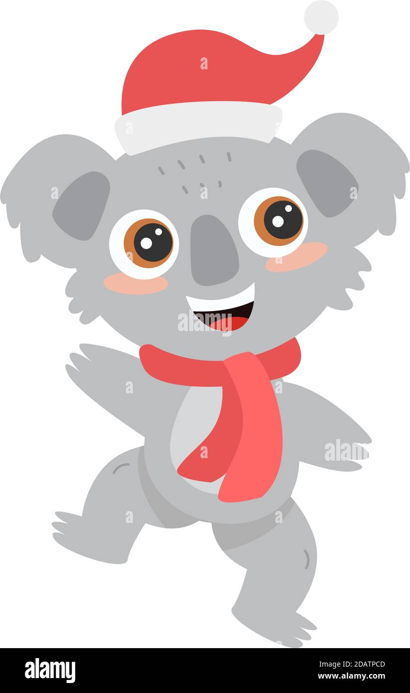 Carino koala australiano wombat con grandi occhi in un cappello di Santa sorrisi e danze. Illustrazione vettoriale piatta di New Year Illustrazione Vettoriale