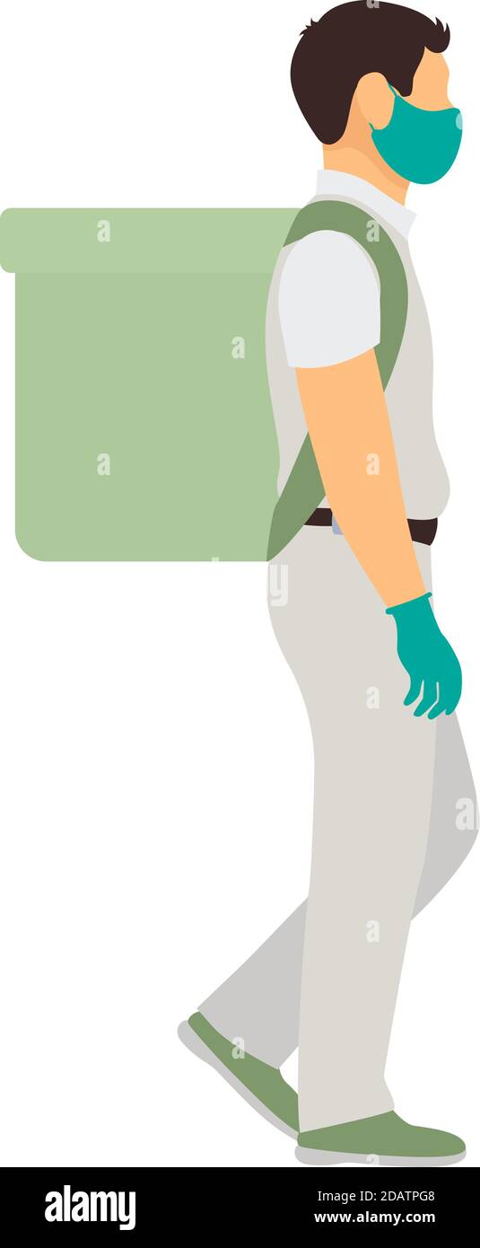 uomo per la consegna di alimenti in maschera medica e guanti con zaino a tutta lunghezza vista laterale, immagine vettoriale piatta Illustrazione Vettoriale
