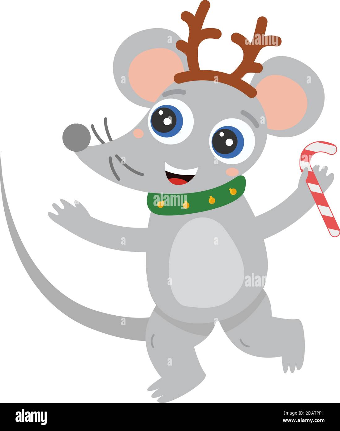 Natale carino mouse danzare sorridendo con corna di cervo e caramelle in zampa, con grandi occhi. flat cartoon vettore illustrazione Illustrazione Vettoriale