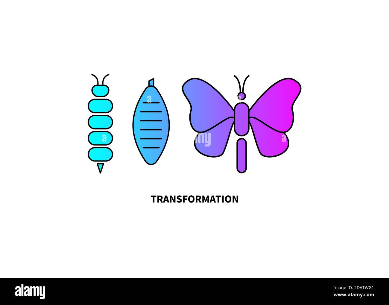 Concetto di trasformazione. Tavole Caterpillar, a farfalla e bozzolo Illustrazione Vettoriale