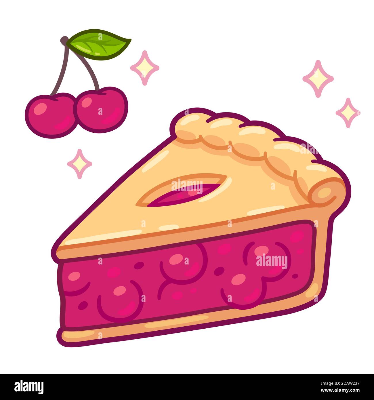 Simpatico disegno di torta di ciliegia cartoon. Semplice fetta di torta disegnata a mano con ciliegie. Illustrazione della clip art vettoriale isolata. Illustrazione Vettoriale