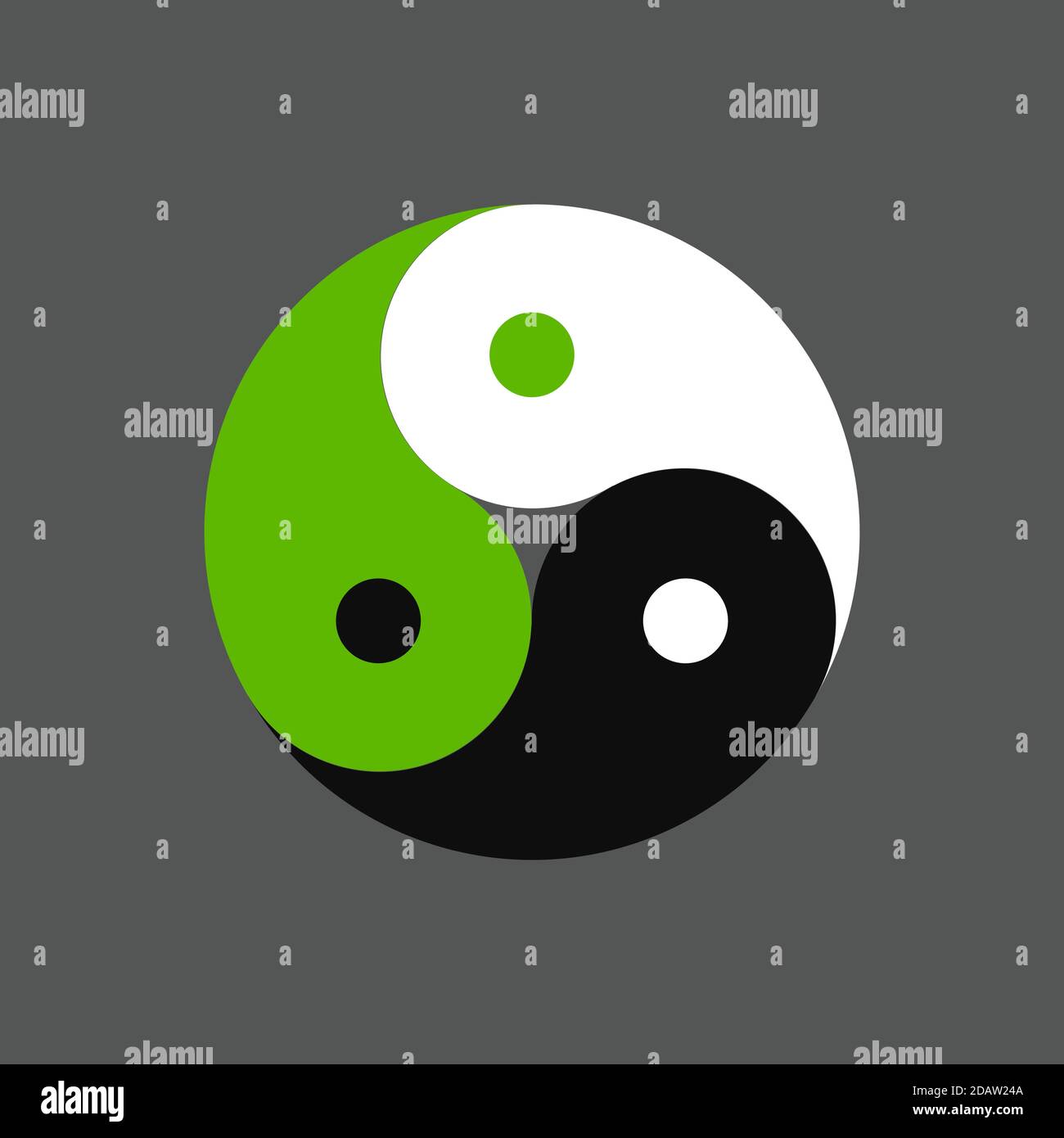 Triplo simbolo yin yang, tre colori in equilibrio. Bianco, nero e verde. Immagine vettoriale clip art per il design del logo. Illustrazione Vettoriale
