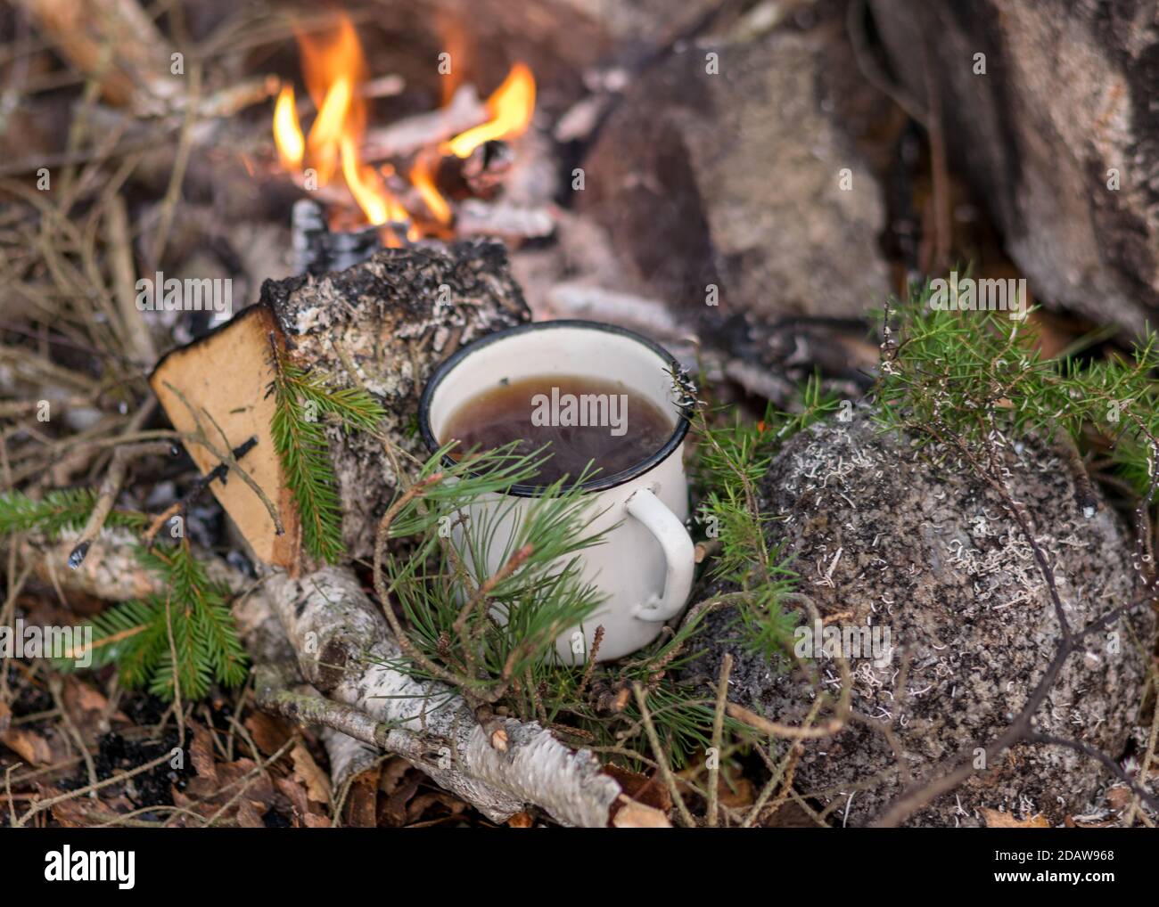 tazza di metallo con tè riscalda dal fuoco, tempo di autunno, legna da  ardere in fiamme, rami e fumo, tempo di autunno Foto stock - Alamy