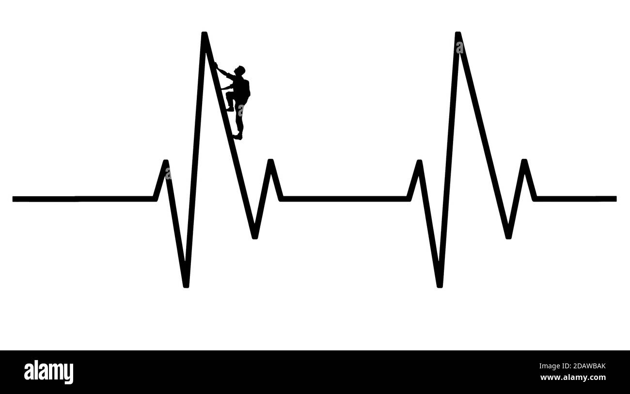 Un arrampicatore di roccia è visto ascendere un picco su una tabella medica di EKG per simbolizzare cuore sano l'esercitazione che l'arrampicata fornisce. Isolato su sfondo bianco. Foto Stock