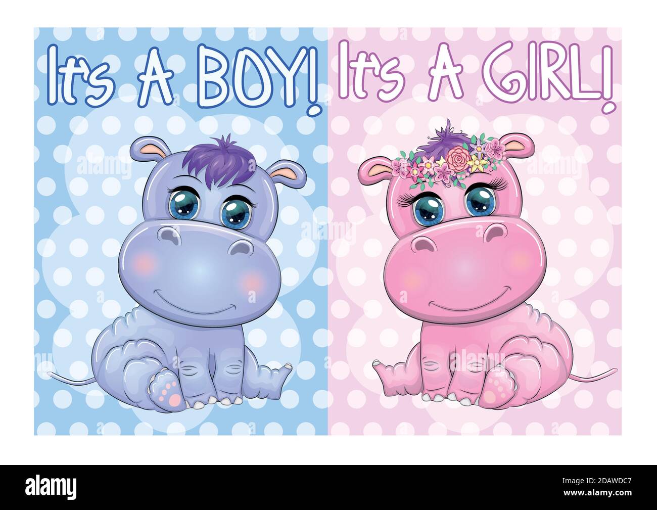 Due carino hippo cartoon con occhi bellissimi tra fiori, cuori, un ragazzo  e una ragazza. Baby doccia carta di invito Immagine e Vettoriale - Alamy