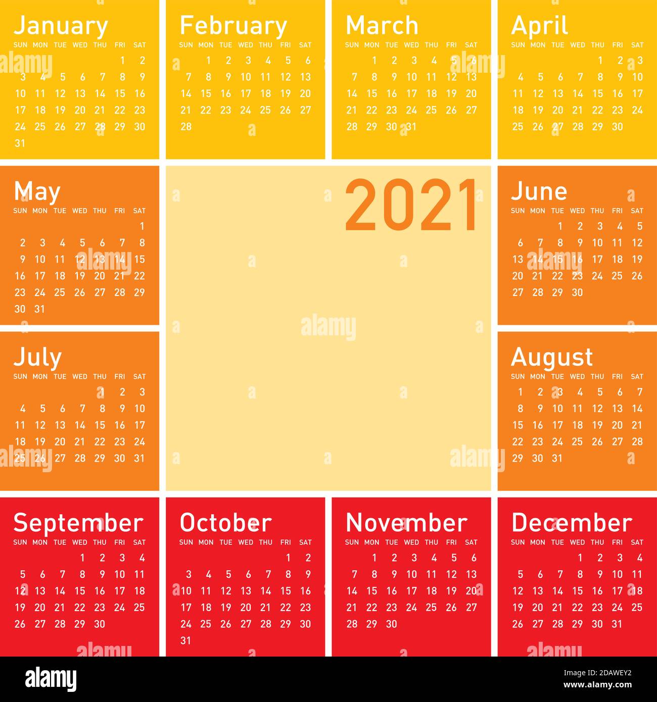 Calendario arancione per l'anno 2021, in formato vettoriale. Illustrazione Vettoriale