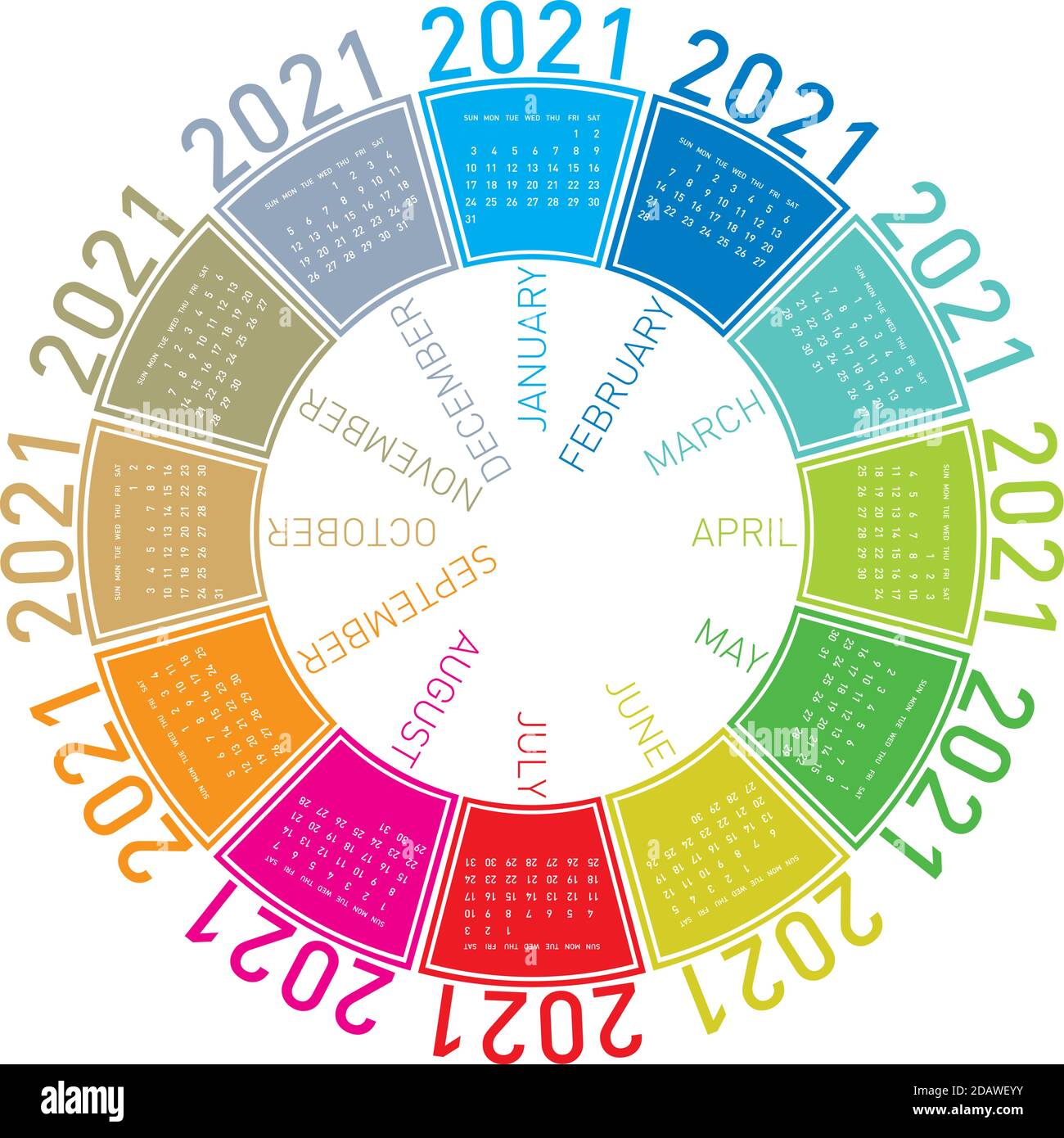 Calendario colorato per il 2021. Design circolare. In formato vettoriale Illustrazione Vettoriale