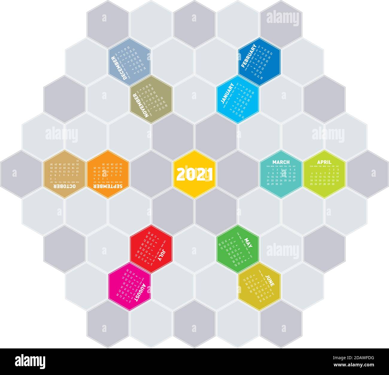 Calendario colorato per l'anno 2021 in un modello esagonale. In formato vettoriale. Illustrazione Vettoriale