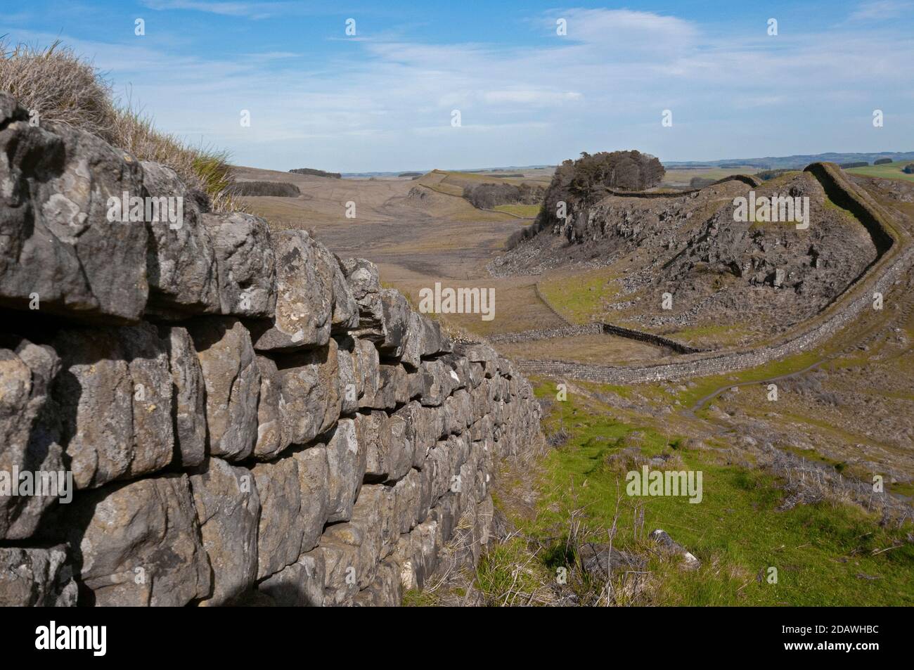 Il Muro di Adriano che i Romani costruirono un muro costa-costa per proteggere l'Inghilterra romana dalle tribù che vivevano in Scozia. Foto Stock