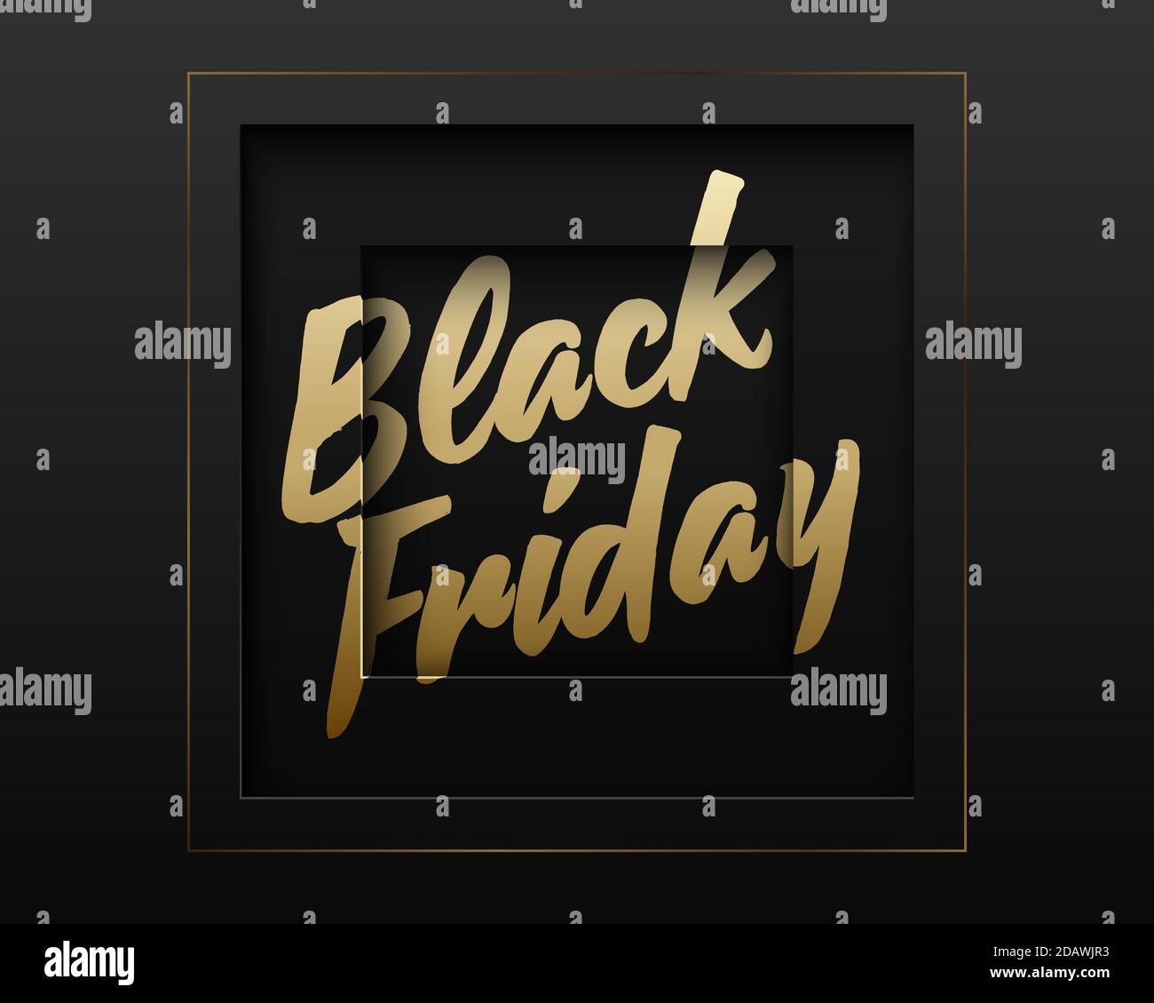 Vector Black Friday abstract Square paper cut Luxury Frame. Colore oro testo spazzolante. Sfondo di design scuro con motivo geometrico Illustrazione Vettoriale