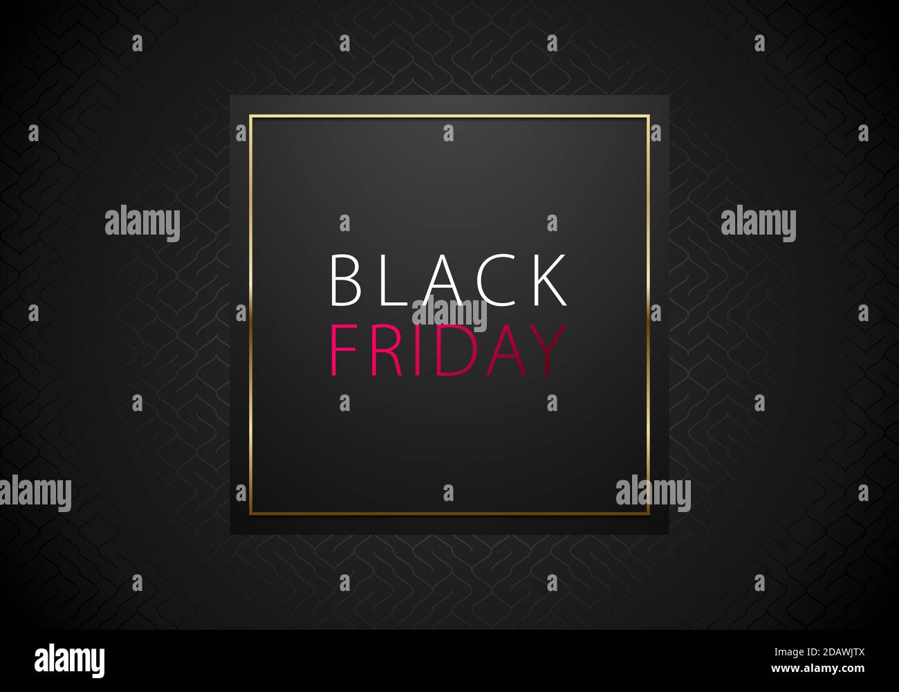 Banner vettoriale Black Friday sale su sfondo geometrico nero. Testo bianco e rosa. Quadrato con cornice in oro. Illustrazione Vettoriale