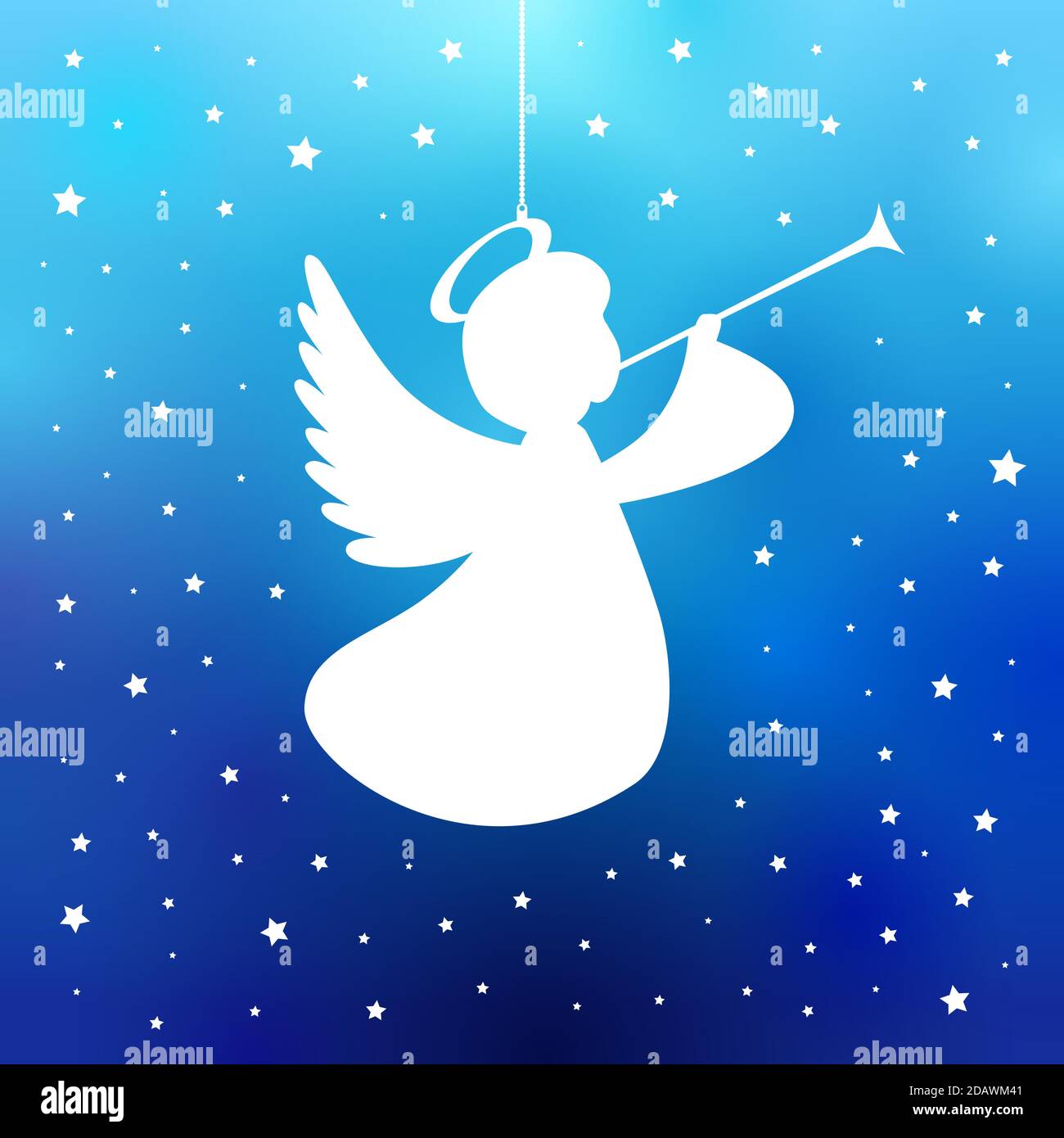 Angelo volante con tromba su sfondo blu marino. Angelo bianco isolato con silhouette tromba stellata, Merry Christmas card. Illustrazione vettoriale Illustrazione Vettoriale
