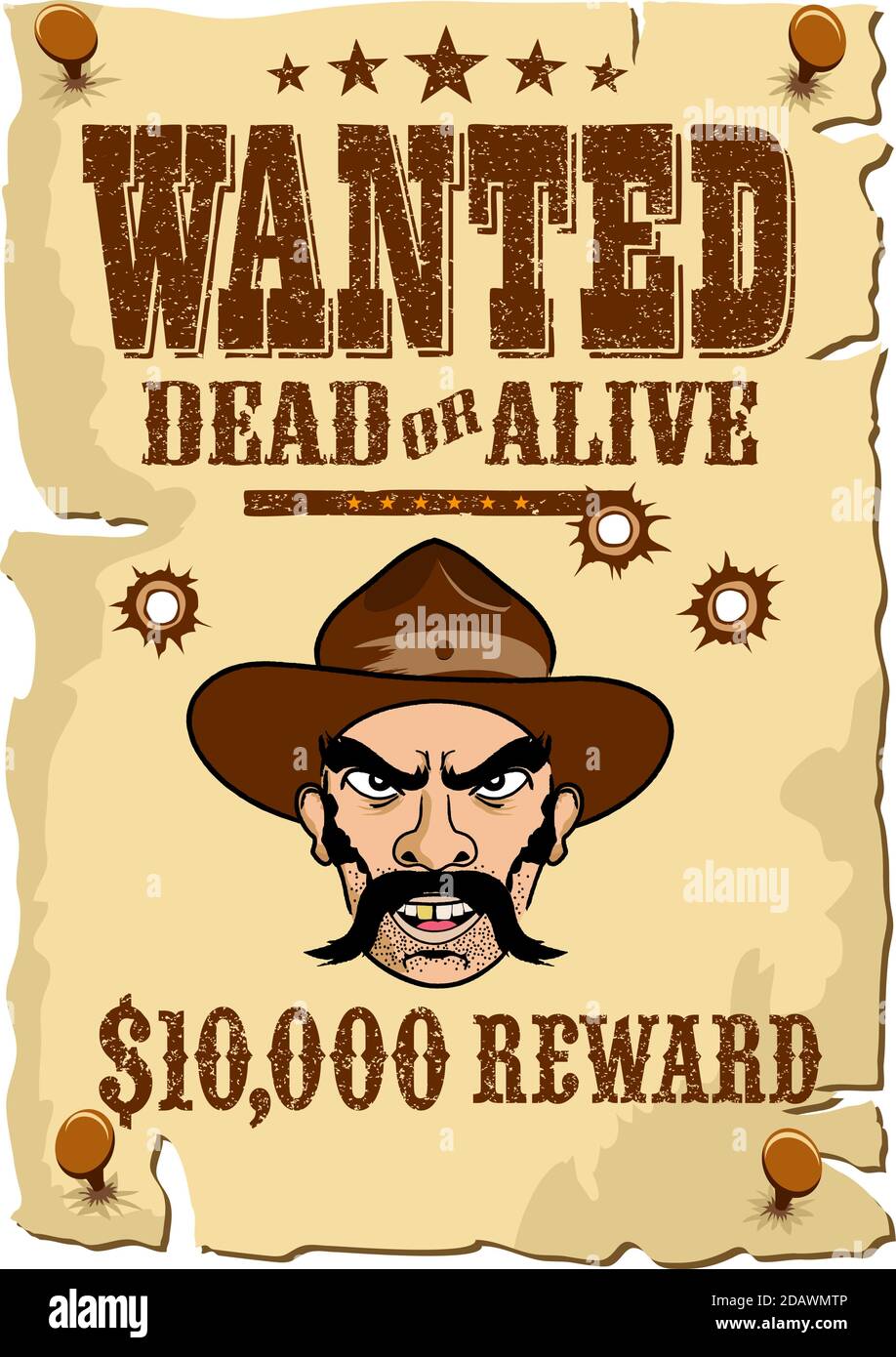 WANTED Outlaw Poster, modello Wild West in stile cartoon Illustrazione Vettoriale